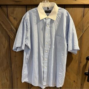 Donald J. Trump Dress Shirt Mens 17.5 34/35 Blue Striped SSleeve 100% Cotton